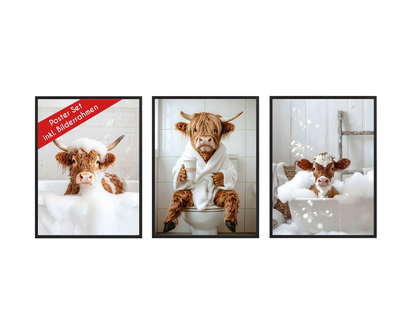 Wackadoo Living Poster Set inklusive Bilderrahmen, Shower Kuh (3er Set aus italienischem Holz), Bildformat 30 x 40 cm von Wackadoo Living