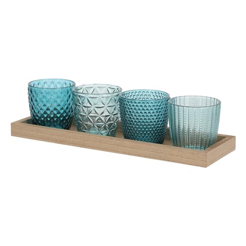 WACKADOO Windlicht Set 4-teilig, Deko-Gläser für Kerzen Teelichter, Kerzenständer, Teelichthalter ø 8 cm, mit Holztablet, Weihnachtsdeko von Wackadoo