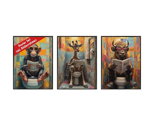 Wackadoo Poster Set WC Tiere 3er Set inklusive Bilderrahmen 21x30 cm DIN A4 Poster Bilderset mit rahmen picture frame Bilder Set Deko von Wackadoo