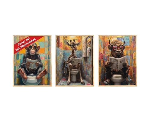 Wackadoo Poster Set WC Tiere 3er Set inklusive Bilderrahmen 21x30 cm DIN A4 Poster Bilderset mit rahmen picture frame Bilder Set Italienisches Holz von Wackadoo