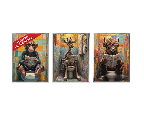Wackadoo Poster Set WC Tiere 3er Set inklusive Bilderrahmen 30x40 cm Poster Bilderset mit rahmen picture frame Bilder Set Deko von Wackadoo