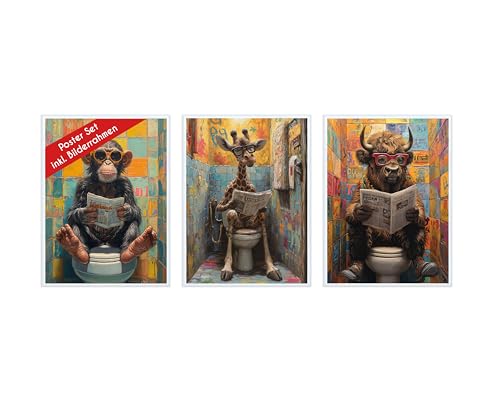 Wackadoo Poster Set WC Tiere 3er Set inklusive Bilderrahmen 30x40 cm Poster Bilderset mit rahmen picture frame Bilder Set Deko von Wackadoo