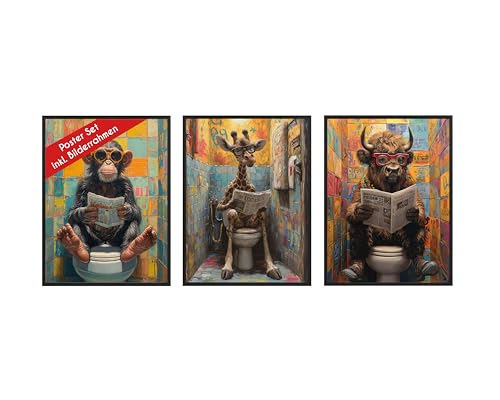 Wackadoo Poster Set WC Tiere 3er Set inklusive Bilderrahmen 30x40 cm Poster Bilderset mit rahmen picture frame Bilder Set Italienisches Holz von Wackadoo