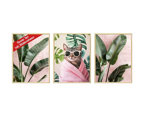 Wackadoo Poster Set Wellness Katze 3er Set inklusive Bilderrahmen 30x40 cm Poster Bilderset mit rahmen picture frame Bilder Set von Wackadoo