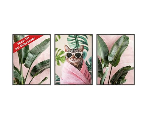 Wackadoo Poster Set Wellness Katze 3er Set inklusive Bilderrahmen 30x40 cm Poster Bilderset mit rahmen picture frame Bilder Set von Wackadoo