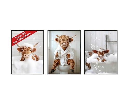 Wackadoo Poster Set Wellness Kuh 3er Set inklusive Bilderrahmen 30x40 cm Poster Bilderset mit rahmen picture frame Bilder Set von Wackadoo
