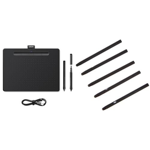 Wacom Intuos M Stift-/Mobiles Zeichentablett (zum Malen & Fotobearbeitung mit druckempfindlichem Stift & Bluetooth & 3 Softwaredownloads) schwarz & Standard Stiftspitzen, schwarz 5-TLG. von Wacom