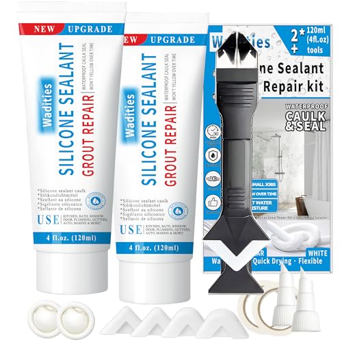 8oz Weißes wasserdichtes Silikondichtmittel, Wadities Fliesenfugenreparaturset mit Fugenspachtel, schrumpfen & rissfest für Bad, Dusche, Küche, Boden (4Oz, 2er Pack) von Wadities