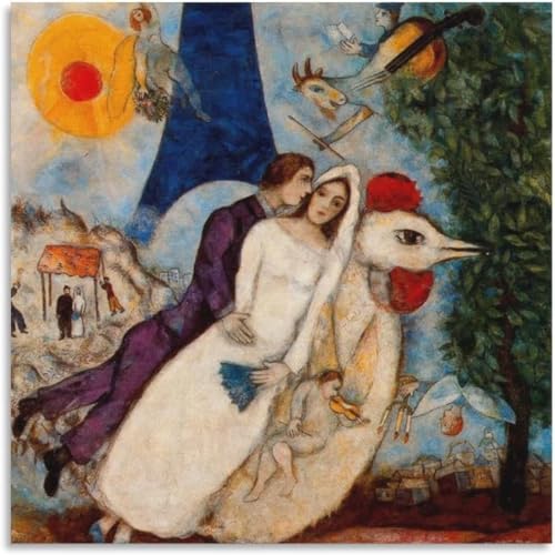 Berühmte Marc Chagall Poster《Die Verlobten und der Eiffelturm》Leinwandgemälde Marc Chagall Wandkunst und Drucke Home Decor Bilder 40x40cmx1 Kein Rahmen von Waeta Rnvzx