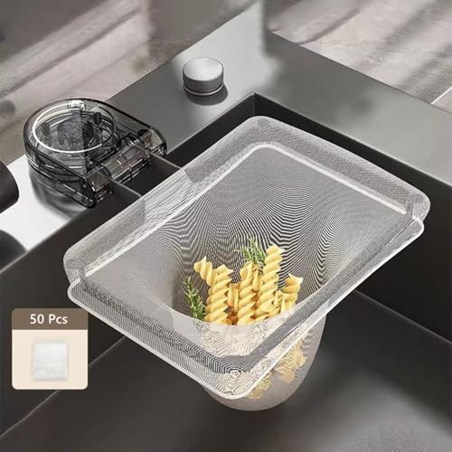 Wagoodter Küche Rückstände Filter Küchen Abflusssiebkorb mit Saugnapf Faltbarer Waschbecken Sieb Spülbecken Sieb mit Filternetzbeuteln Lappenhalter für Küchen und Badezimmer (Grau Transparent(1+50)) von Wagoodter