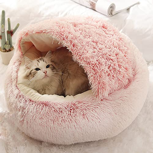 Katzenhöhle Bett Haustierzelt Kapuze Katzenbett Weicher Plüsch Donut Katzenschlafsack, Winter Warm Flauschiges Hundekissen Rutschfest Waschbar (50 cm, Samt-Pink) von Waigg Kii
