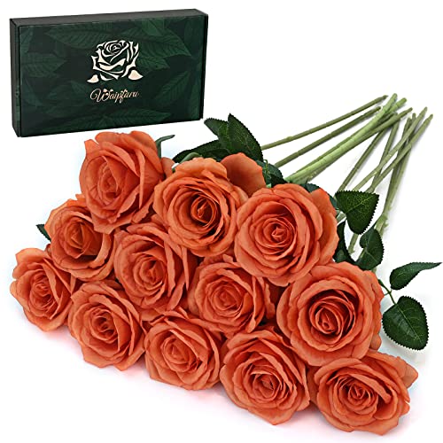 Waipfaru 12 Stück künstliche Rosen, künstliche Seidenrosen, fühlen sich echt an, Rosenstrauß mit langem Stiel für Hochzeit, Party, Heimdekoration (gebranntes Orange) von Waipfaru