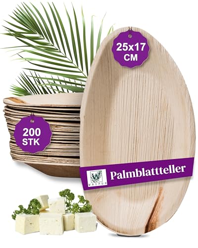 Waipur Bio Palmblatt Geschirr - 200 Stück Oval 25 cm - Premium Einwegteller kompostierbar - Umweltfreundliches Partygeschirr ähnl. Einweg Bambusteller von Waipur