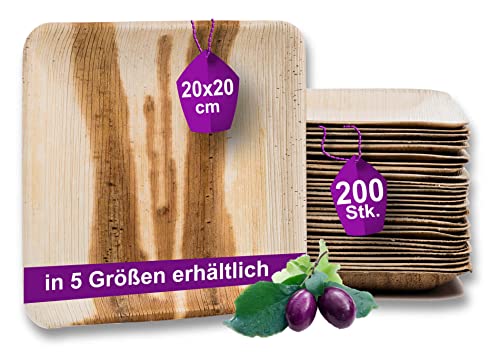 Waipur Bio Palmblatt Geschirr - 200 Teller eckig 20x20 cm - Premium Einweg Geschirr kompostierbar - Umweltfreundliches Partygeschirr - Einwegteller Holz von Waipur