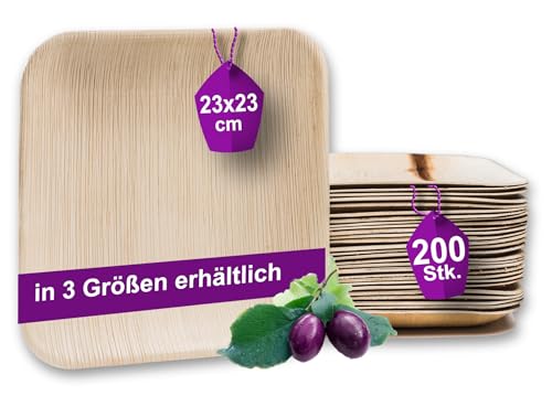 Waipur Bio Palmblatt Geschirr - 200 Teller eckig 23x23 cm - Premium Einweg Geschirr kompostierbar - Umweltfreundliches Partygeschirr - ähnl. Bambus Einwegteller von Waipur