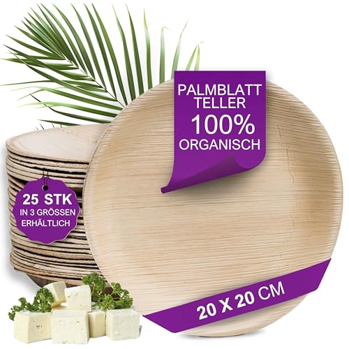 Waipur Bio Palmblatt Geschirr - 25 Stück rund Ø 20 cm - Premium Einmalteller kompostierbar- Umweltfreundliches Partygeschirr - ähnl. Bambus Teller Einweg von Waipur