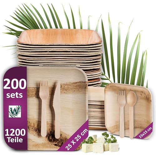 Waipur Palmblatt Einweggeschirr Set mit Holzbesteck - je 200 große Teller und Dessertteller, 400 Gabeln, je 200 Messer und Löffel - ähnl. Einweg Bambus Geschirr von Waipur