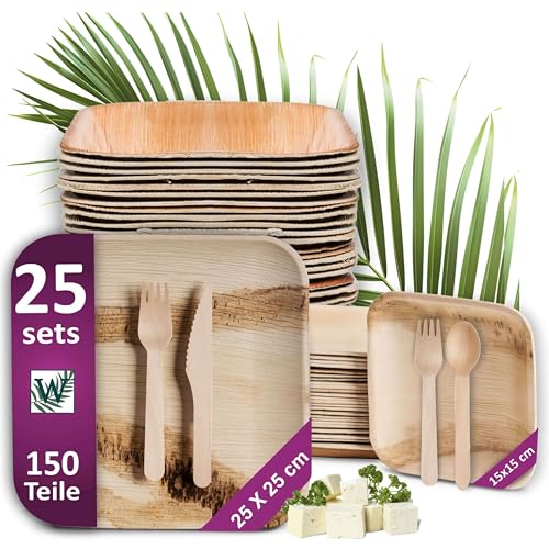 Waipur Bio Palmblatt Geschirr Set mit Holz Besteck - je 25 große Teller und Dessertteller, 50 Gabeln, je 25 Messer und Löffel - ähnl. Bambus-Teller Einweg von Waipur