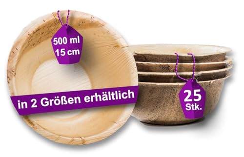 Waipur Bio Palmblatt Schalen - 25 große Schalen Ø 15 cm / 500 ml - Premium Einweg Geschirr kompostierbar - Suppenteller ähnl. Bambus Einwegschalen von Waipur