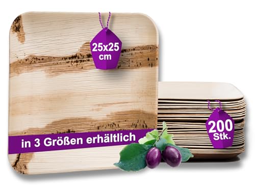 Waipur Bio Palmblatt-Teller - 200 Teller groß eckig 25x25 cm - Premium Einweggeschirr kompostierbar - Umweltfreundliches Partygeschirr - Palmblatt Geschirr von Waipur