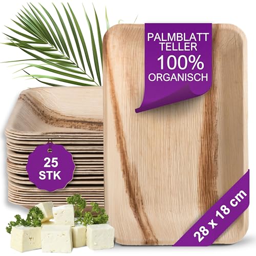 Waipur Bio Palmblatt Teller - 25 Einwegteller Rechteckig 28x18 cm - Premium Einweggeschirr kompostierbar - Umweltfreundliches Einweg Geschirr ähnl. Bambus-Teller von Waipur