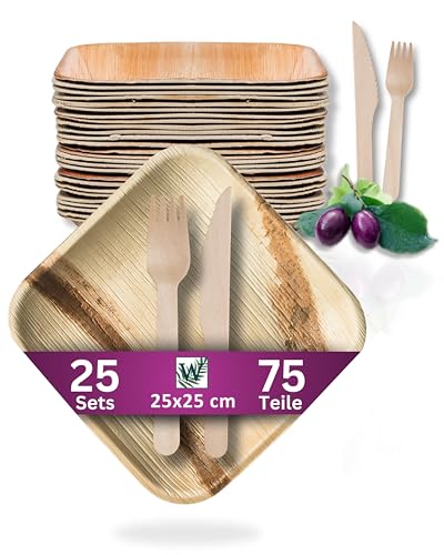 Waipur Bio Palmblatt Geschirr mit Holz Besteck - je 25 große Teller, Messer und Gabeln - Premium Einweg-Geschirr Set kompostierbar - ähnl. Bambus-Teller Einweg Waipur Bio Palmblatt Geschirr mit Holz Besteck - je 25 große Teller, Messer und Gabeln - Premium Einweg-Geschirr Set kompostierbar - ähnl. Bambus-Teller Einweg von Waipur