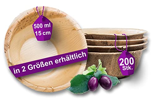 Waipur Bio Palmblattschalen - 200 große Schalen Ø 15 cm / 500 ml - Premium Einweg Geschirr kompostierbar - Einwegschalen - Palmblatt Suppenschale von Waipur