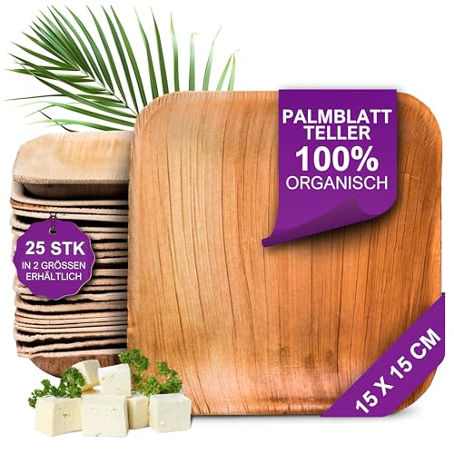 Waipur Bio Palmblattteller - 25 Einweg Teller eckig 15x15 cm - Premium Einweggeschirr kompostierbar - Umweltfreundliche Partyteller - Palmblatt Geschirr klein von Waipur