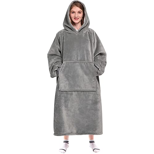 Waitu Tragbare Decke Sweatshirt für Damen und Herren, Sherpa tragbare Decke Erwachsene, übergroße Decke Hoodie lang, dicke Sherpa Decke mit Ärmeln und Tasche, wärmste Körperdecke Robe - Grau von Waitu