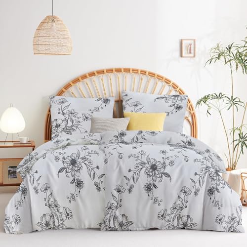 Wajade Bettwäsche 135x200 4teilig Bettbezug - Bettwäsche-Sets 135 x 200 cm 2er Set Blumen Grau Muster mit 2 Kissenbezüge 80x80cm Polyester Mikrofaser Bedding 2er Set mit Reißverschluss von Wajade