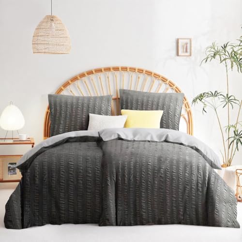 Wajade Seersucker Bettwäsche 135x200 4teilig Bettbezug - Bettwäsche-Sets 135 x 200 cm 2er Set mit 2 Kissenbezüge 80x80cm Grau Polyester Mikrofaser Bedding 2er Set mit Reißverschluss von Wajade