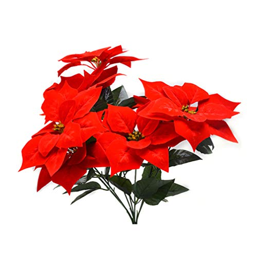 Wakauto Rote Weihnachtsstern Poinsettie Zweige Kunstpflanze Kunstblumen Künstliche Weihnachtsblumen Christbaumschmuck Herzstück Strauß für Weihnachten Hochzeit Tischdeko 7 Blüten von Wakauto