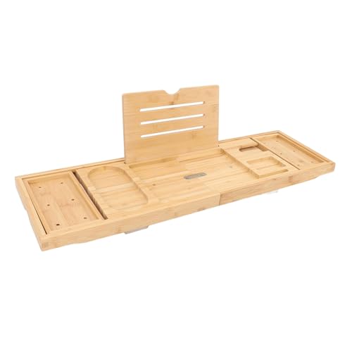 Badewannentablett, Phyllostachys Pubescens, Faltbares Badewannen-Caddy-Tablett, Ausziehbares Badewannenbrett über der Badewannenablage mit Schrägen Schlitzen für Tablet, Buch, von Wakects