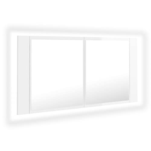 Badmöbel für Spiegelschrank mit RGB LED Beleuchtung 90 x 12 x 45 cm Hochglanz-Weiß Doppeltür Wandschrank Spiegel,2 Ablagen und Softclose Funktion von Wakects