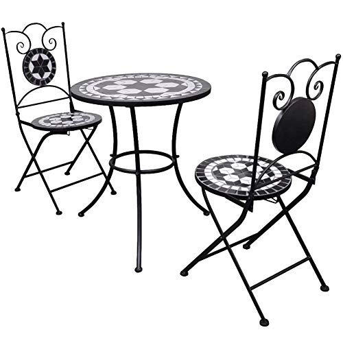 Wakects Bistrotisch-Set, Mosaik-Tisch mit 2 Stühlen, Gartenmöbel-Set, Tisch und Stühle für den Außenbereich, Balkon aus Keramikfliesen, Schwarz und Weiß von Wakects