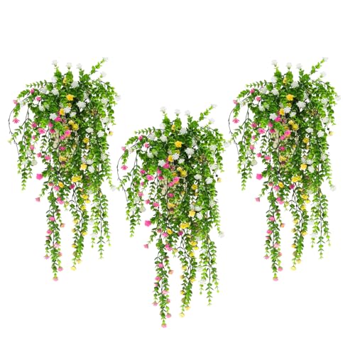WakiHong 3 Stück Hängepflanze Künstlich Kunstblumen Hängend Kunstpflanzen Hängend,für Hauswand Drinnen und Draußen Garten Hochzeit Balkon Korbdekoration (Weiß + Gelb + Rosa) von WakiHong