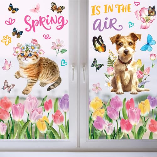 WakiHong 9-teilige Fensteraufkleber mit Tulpen, Schmetterlingen & Tierdesign | Wiederverwendbar & selbstklebend | Für Glas,Kinderzimmer,Badezimmer | Frühlingsdeko von WakiHong