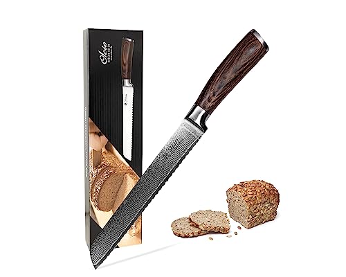 Wakoli EDIB Damastmesser Brotmesser mit Wellenschliff und 20 cm Klinge gefertigt aus 67 Lagen echtem Damaststahl mit Pakkaholzgriff I Premium Damast Küchenmesser in Geschenkverpackung von Wakoli