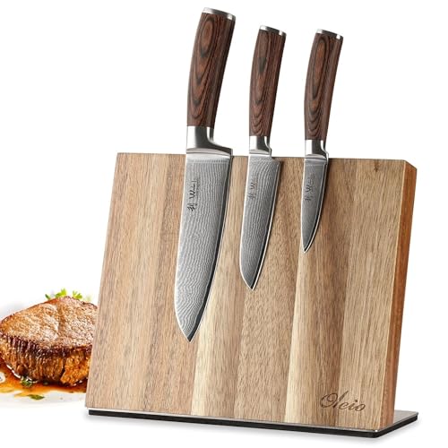 Wakoli EDIB 3-teiliges Damastmesser-Set mit magnetischem Messerblock – 8,5–17 cm Klingen aus 67 Lagen Damaststahl mit VG10-Kern & Pakkaholzgriff | Küchenmesserset mit Akazienholz Messerblock von Wakoli