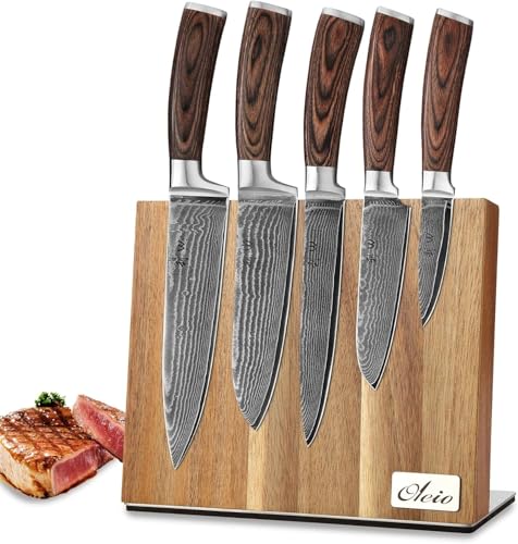 Wakoli EDIB 5er Damastmesser-Set mit magnetischem Messerblock, Klingenlängen von 8,5cm bis 20cm aus 67 Lagen echtem Damaststahl und mit Pakkaholzgriff, Messerblock mit Küchenmesser-Set Damast von Wakoli