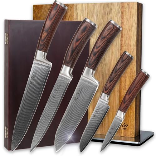 Wakoli EDIB 5-teiliges Damastmesser Set mit magnetischem Messerblock – Scharfe Küchenmesser mit VG10-Kern & 67 Lagen Damaststahl – Hochwertiges Kochmesser Set in Geschenkbox für Hobby- & Profiköche Wakoli EDIB 5-teiliges Damastmesser Set mit magnetischem Messerblock – Scharfe Küchenmesser mit VG10-Kern & 67 Lagen Damaststahl – Hochwertiges Kochmesser Set in Geschenkbox für Hobby- & Profiköche von Wakoli