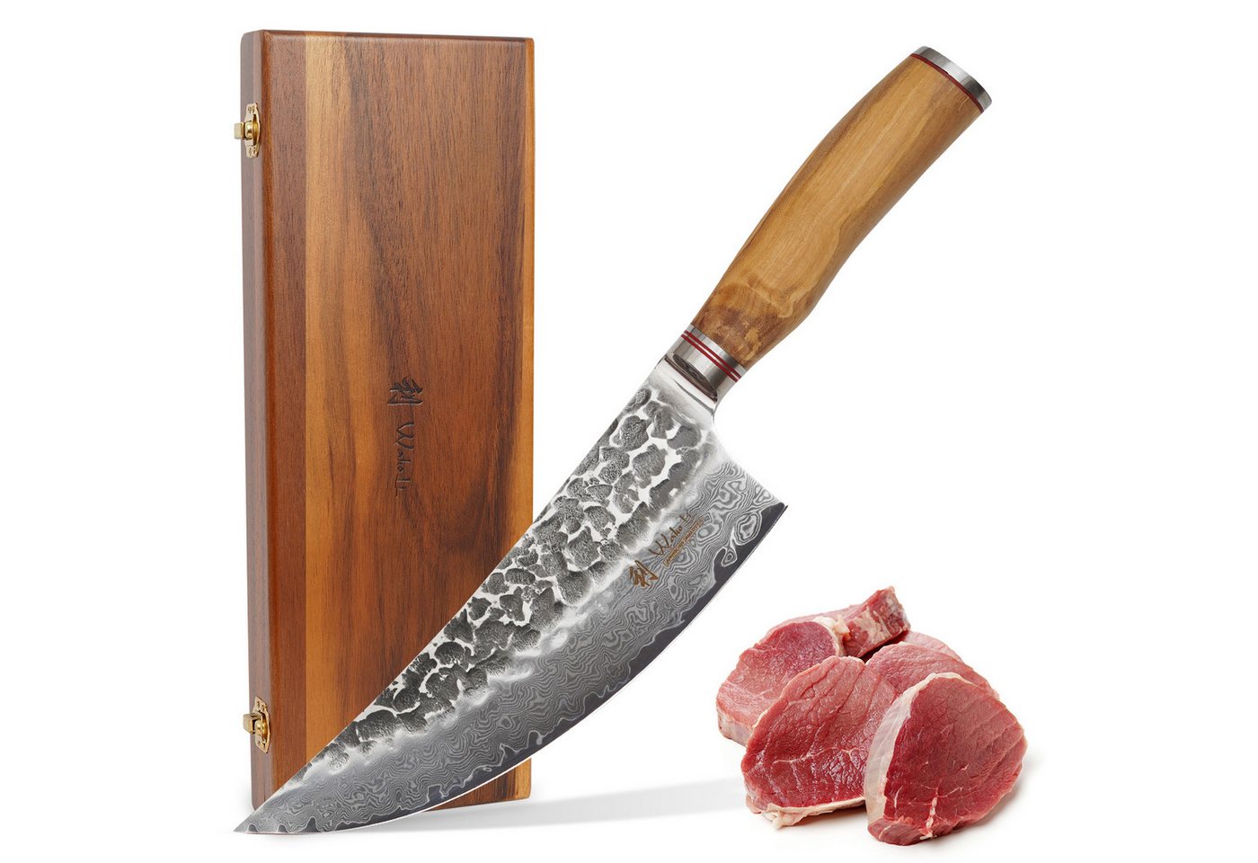 Wakoli Asiamesser Damast Kochmesser Küchenmesser 20 cm Klinge mit Hammerschlag, aus 67 Lagen Damaststahl, VG10 von Wakoli