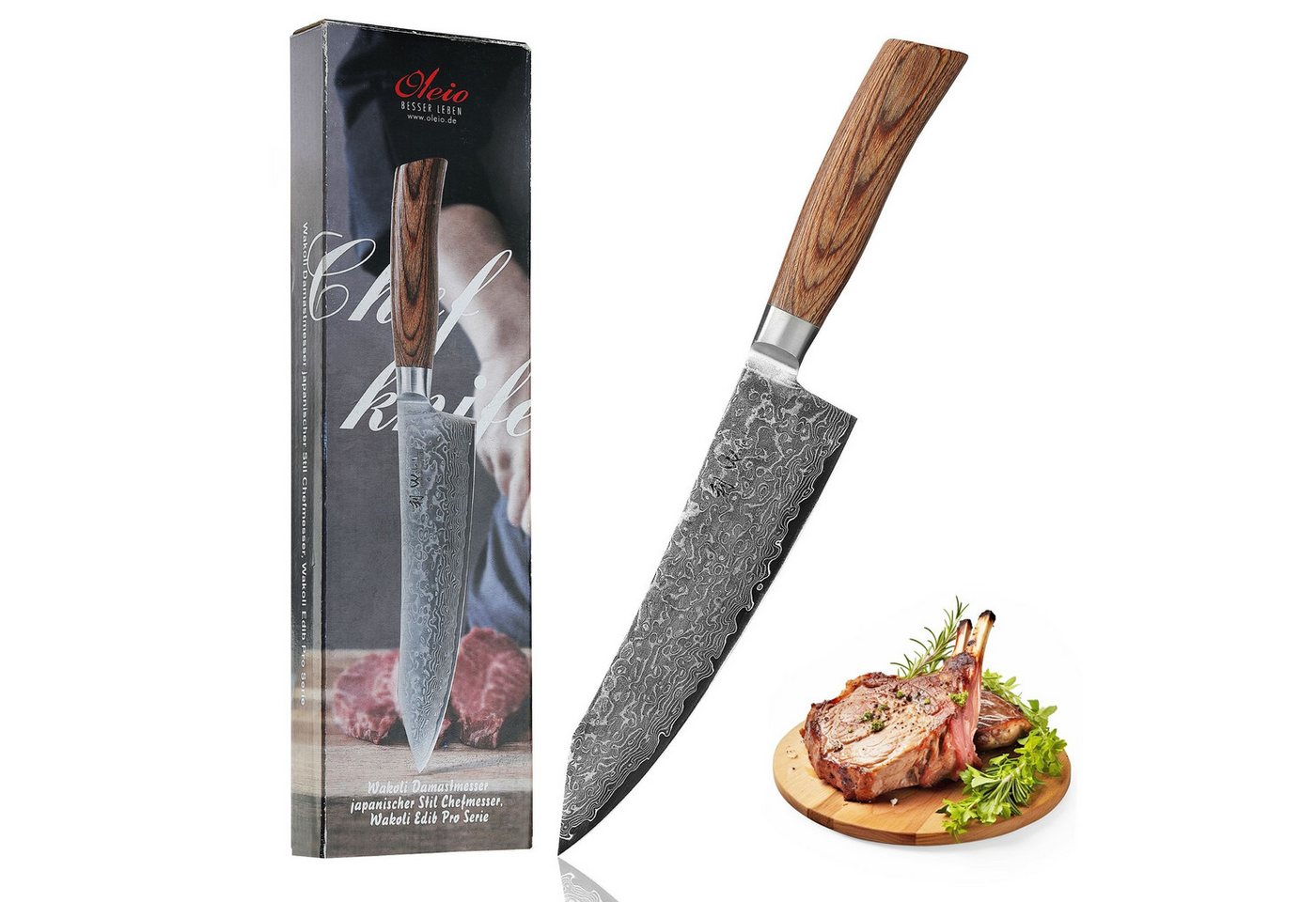 Wakoli Asiamesser EDIB Pro Damastmesser Kiritsuke I Kochmesser Küchenmesser 20cm Klinge, 67 Lagen Damaststahl, VG-10 Stahlkern von Wakoli
