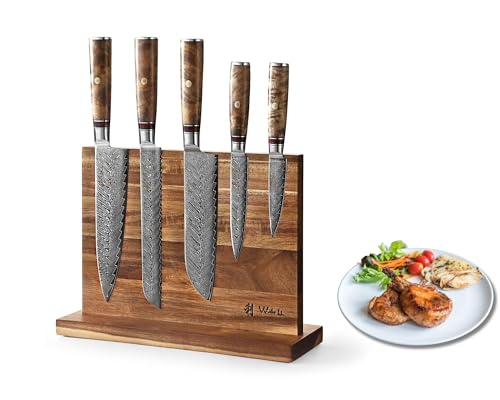 Wakoli Culinary Sycamore I 6-teiliges Damast Küchemesser-Set mit 5 Damastmessern & magnetischem Messerblock I Klingen von 9-20 cm aus Damaststahl mit Griffen aus Bergahorn I Damastmesser-Set von Wakoli