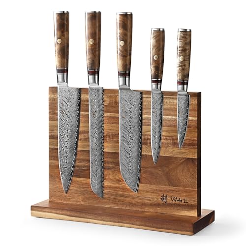 Wakoli Culinary Sycamore I 6-teiliges Damast Küchemesser-Set mit 5 Damastmessern & magnetischem Messerblock I Klingen von 9-20 cm aus Damaststahl mit Griffen aus Bergahorn I Damastmesser-Set von Wakoli