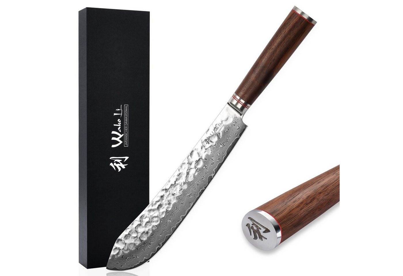 Wakoli Damastmesser Nussbaum Damast BBQ Blockmesser I 25 cm Klinge Kochmesser Küchenmesser, aus 67 Lagen Damaststahl, VG10 Kern von Wakoli