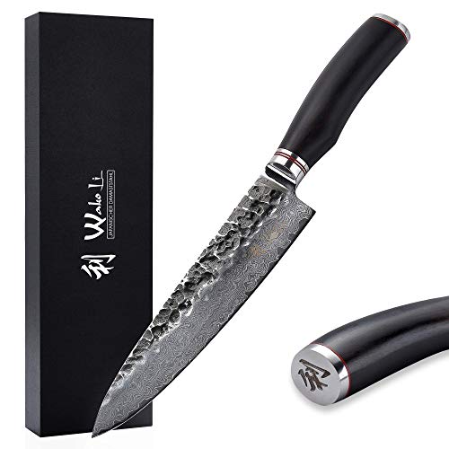 Wakoli EBO Premium Chefmesser 20 cm – 67 Lagen Damaststahl mit VG10-Kern, Hammerschlag-Optik, schwarzer Eichenholzgriff, Profi Küchenmesser in Geschenkbox von Wakoli