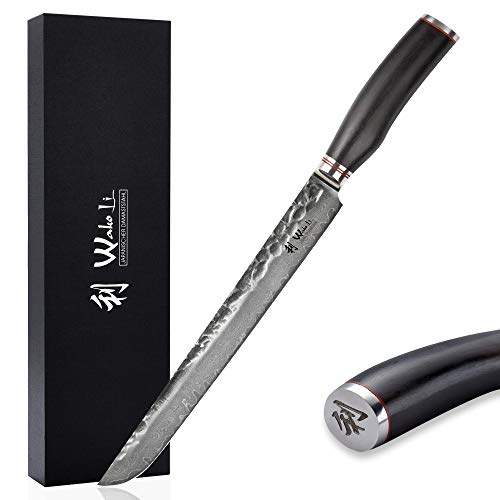 Wakoli EBO Premium Fleischmesser Tanto mit 27,5 cm Klinge und Hammerschlag gefertigt aus 67 Lagen echtem Damaststahl mit schwarzem Eichenholzgriff I Damastmesser Küchenmesser und Profi Kochmesser von Wakoli