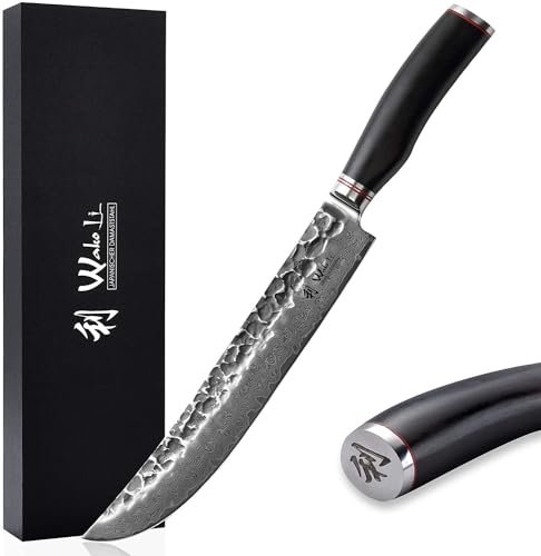 Wakoli EBO Premium Tranchiermesser mit 25 cm Klinge und Hammerschlag gefertigt aus 67 Lagen echtem Damaststahl mit schwarzem Eichenholzgriff I Damastmesser Küchenmesser und Profi Kochmesser von Wakoli