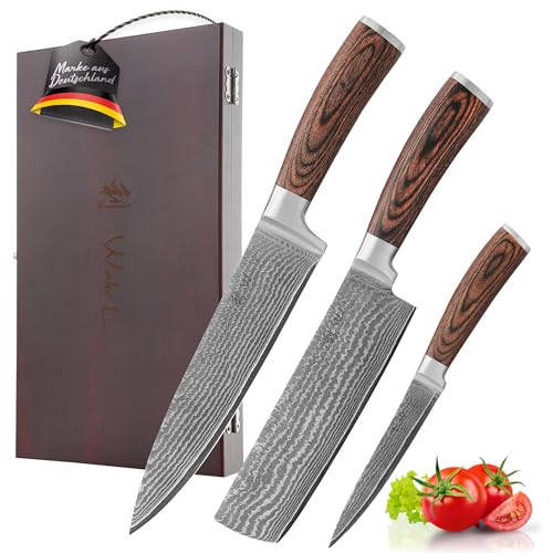 Wakoli EDIB 3er Damastmesser Set – Chefmesser, Nakiri & Allzweckmesser mit VG10-Kern (20/17,5/12,5 cm), 67 Lagen Damaststahl, Pakkaholzgriff, in Holzbox – Entwickelt in Deutschland von Wakoli